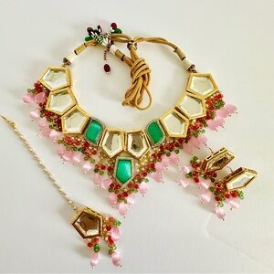 Gold-Tone Kundan Necklace Set with Green and Pink Accents